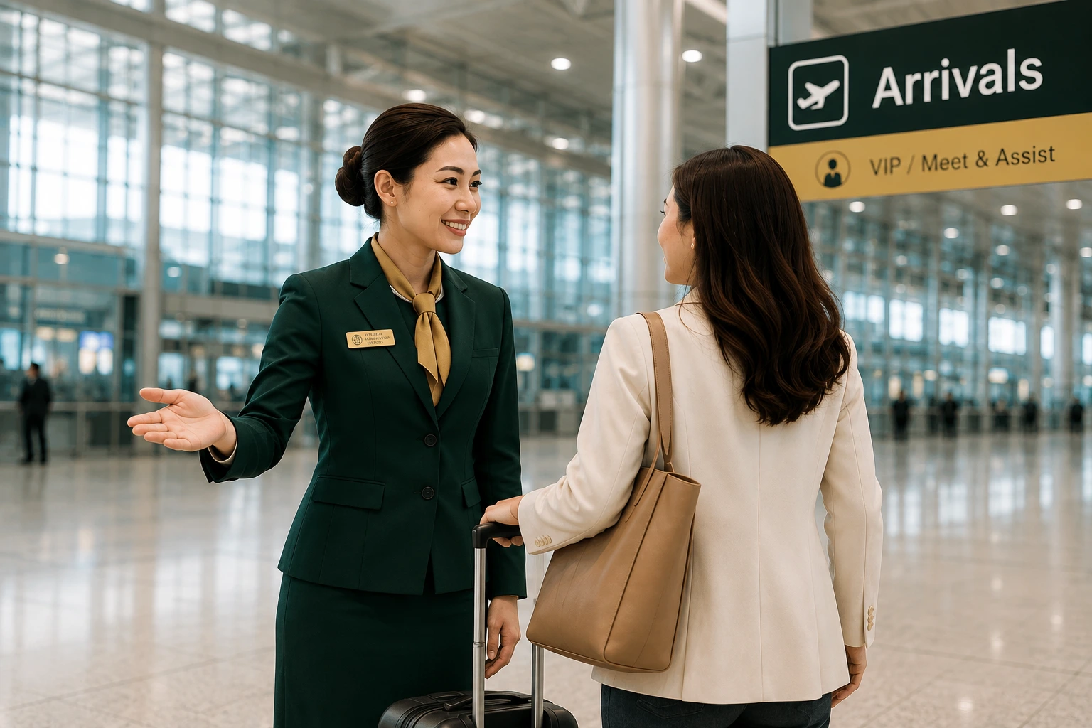 A Foreign Immigration Services representative greeting a passenger and assisting with her luggage in an airport arrivals hall.