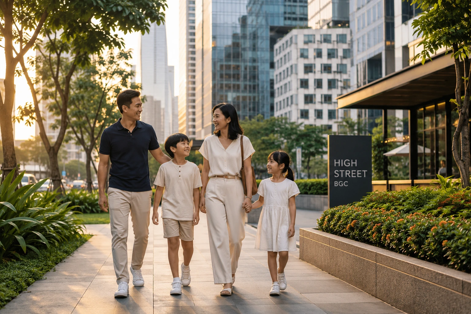 A mixed-nationality family walking together in Bonifacio Global City, Metro Manila.