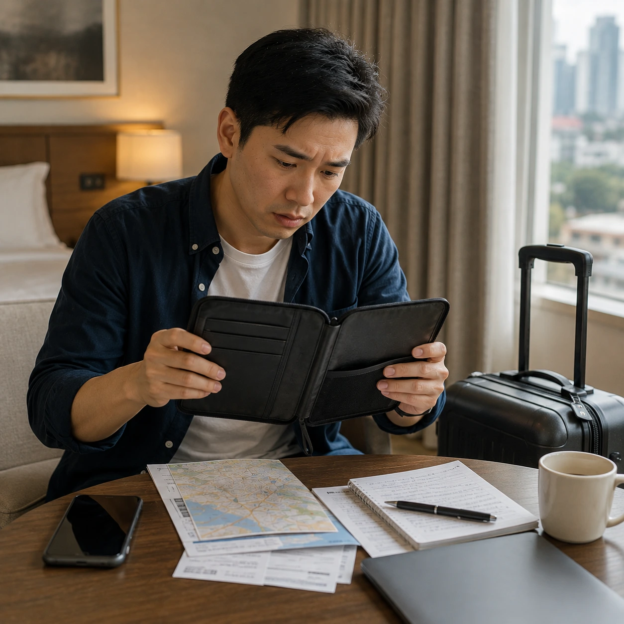 A traveller checking an empty document wallet at a hotel room desk, with a suitcase and travel notes nearby.