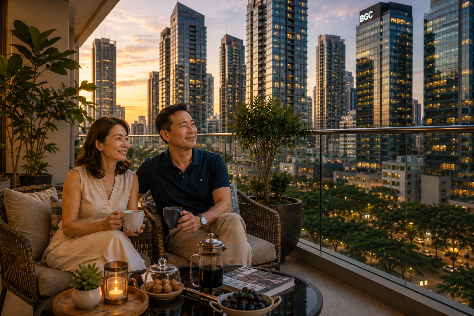A couple enjoying the view from a residential balcony overlooking the Bonifacio Global City skyline in Metro Manila at dusk.