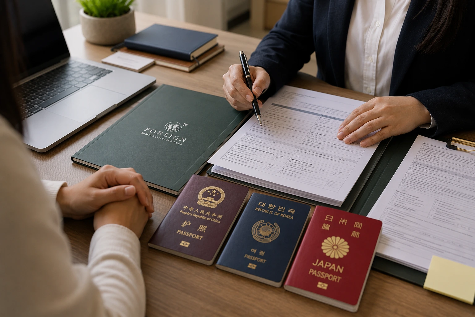 An FIS immigration consultant reviewing an application form with a client, with Chinese, South Korean and Japanese passports and an FIS-branded folder on the desk.