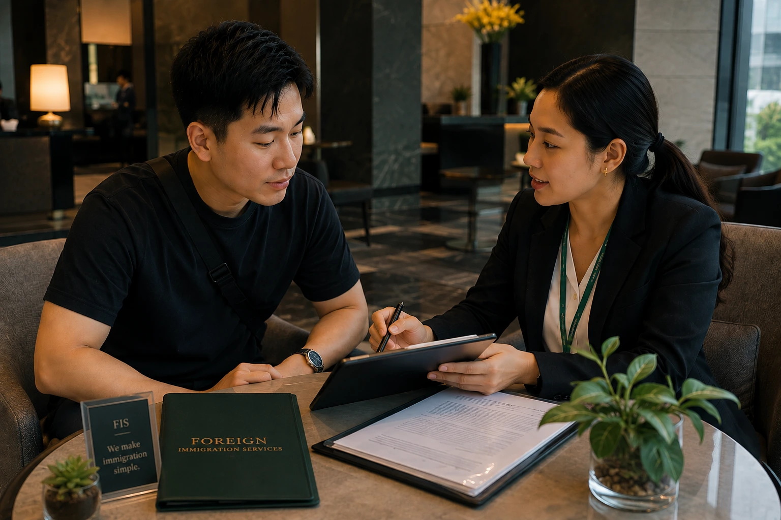 An FIS immigration consultant discussing a work visa application with a client at a table, with an FIS-branded folder and tablet nearby.